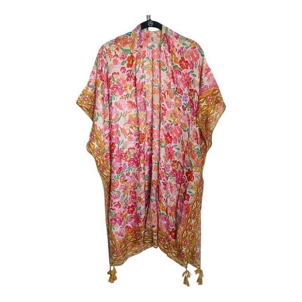 Colorful Kimono Top Swimsuit Coverup Fringe Yellow, Pink and White